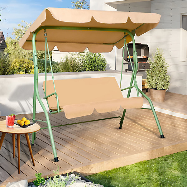 Balancelle 3 places Frankystar Hulaop beige avec auvent et coussins 600D