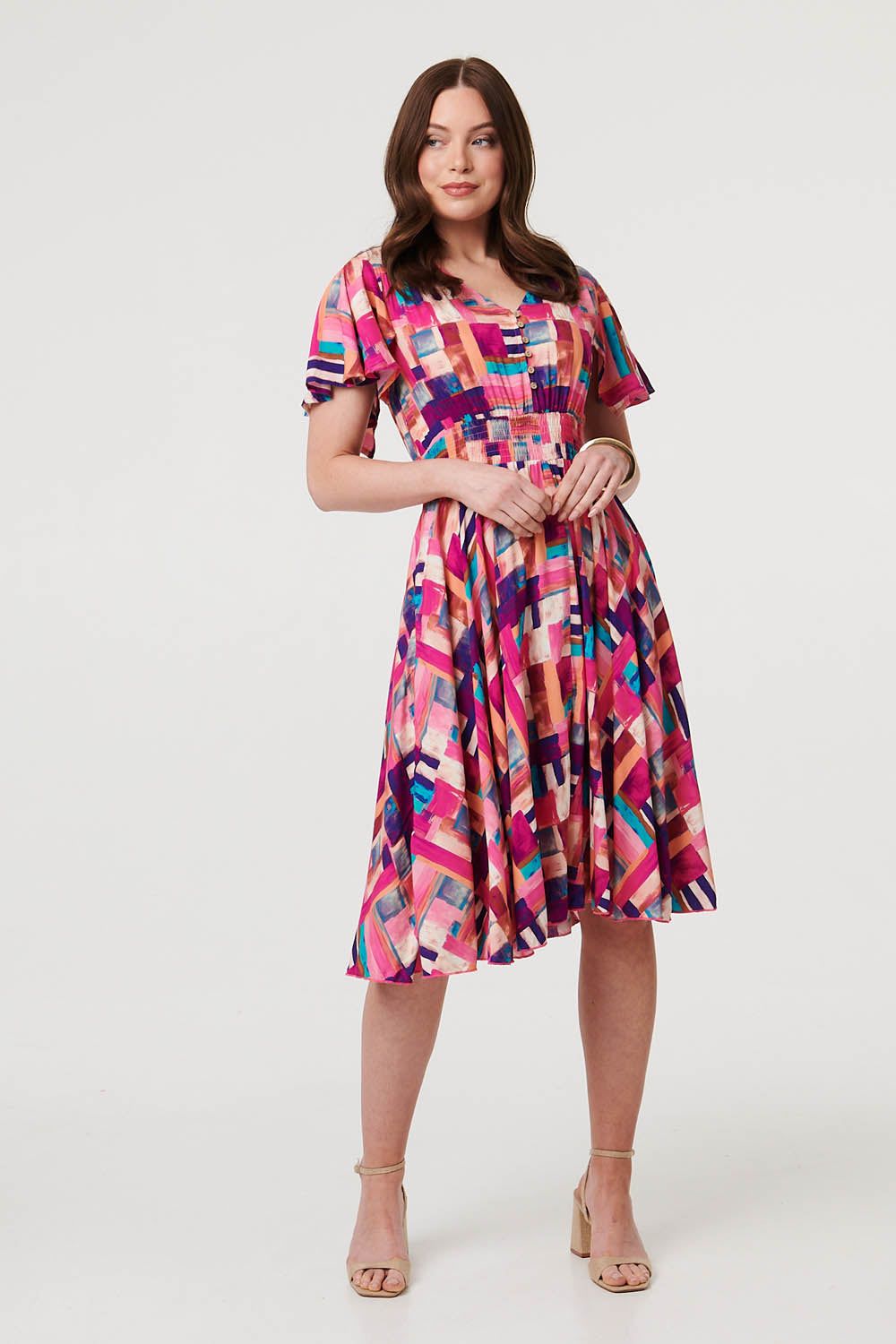 Izabel London Geo Print Angel Sleeve Midi Dress