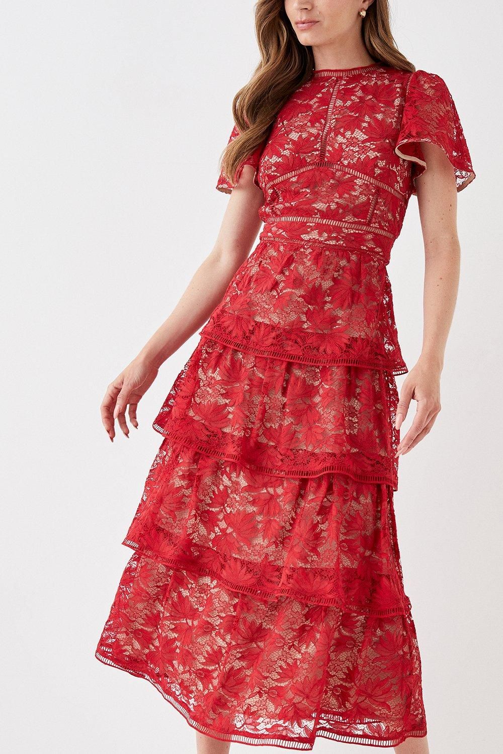 Coast Tiered Lace Dress With Flutter Sleeve & Trims