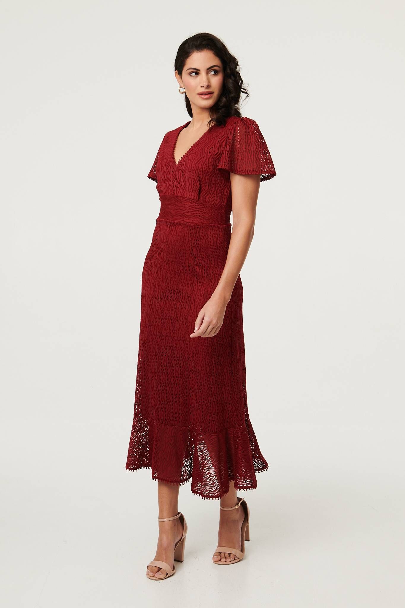 Izabel London Printed Lace Texture Slim Midi Dress