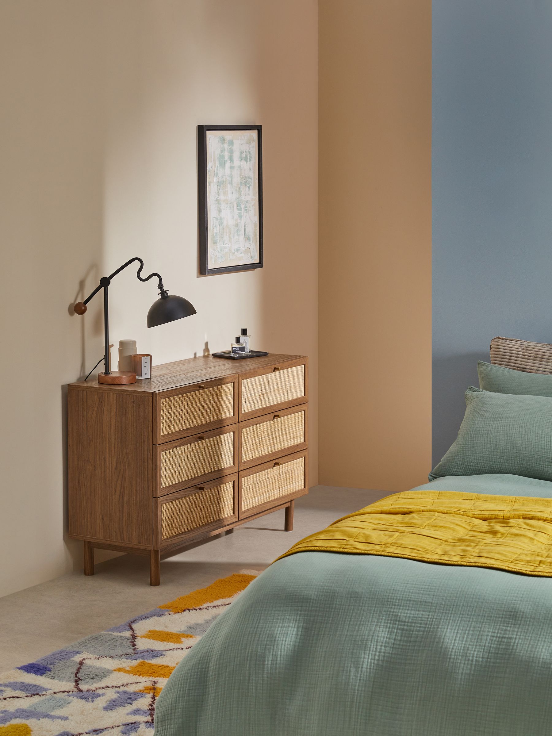 Pavia Rattan 6 Drawer Wide Chest of Drawers in Dark Oak Effect