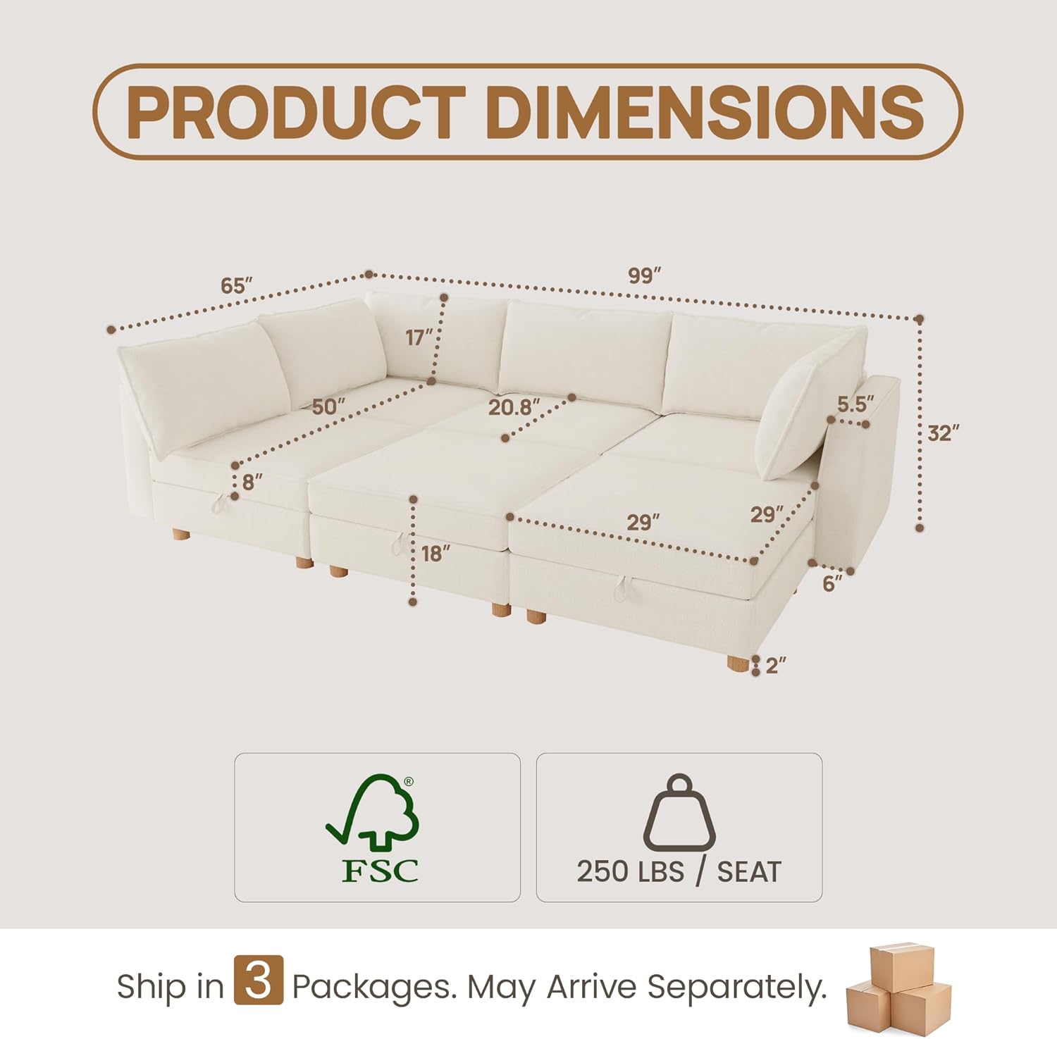 99 Chenille Modular Sectional Sofa Bed Hidden Storage, Convertible L U Shaped Sleeper Couch, 6 Seat Modern Modular Sectional Sofa with Washable Covers & Ottoman Chaise, for Living Room, Beige