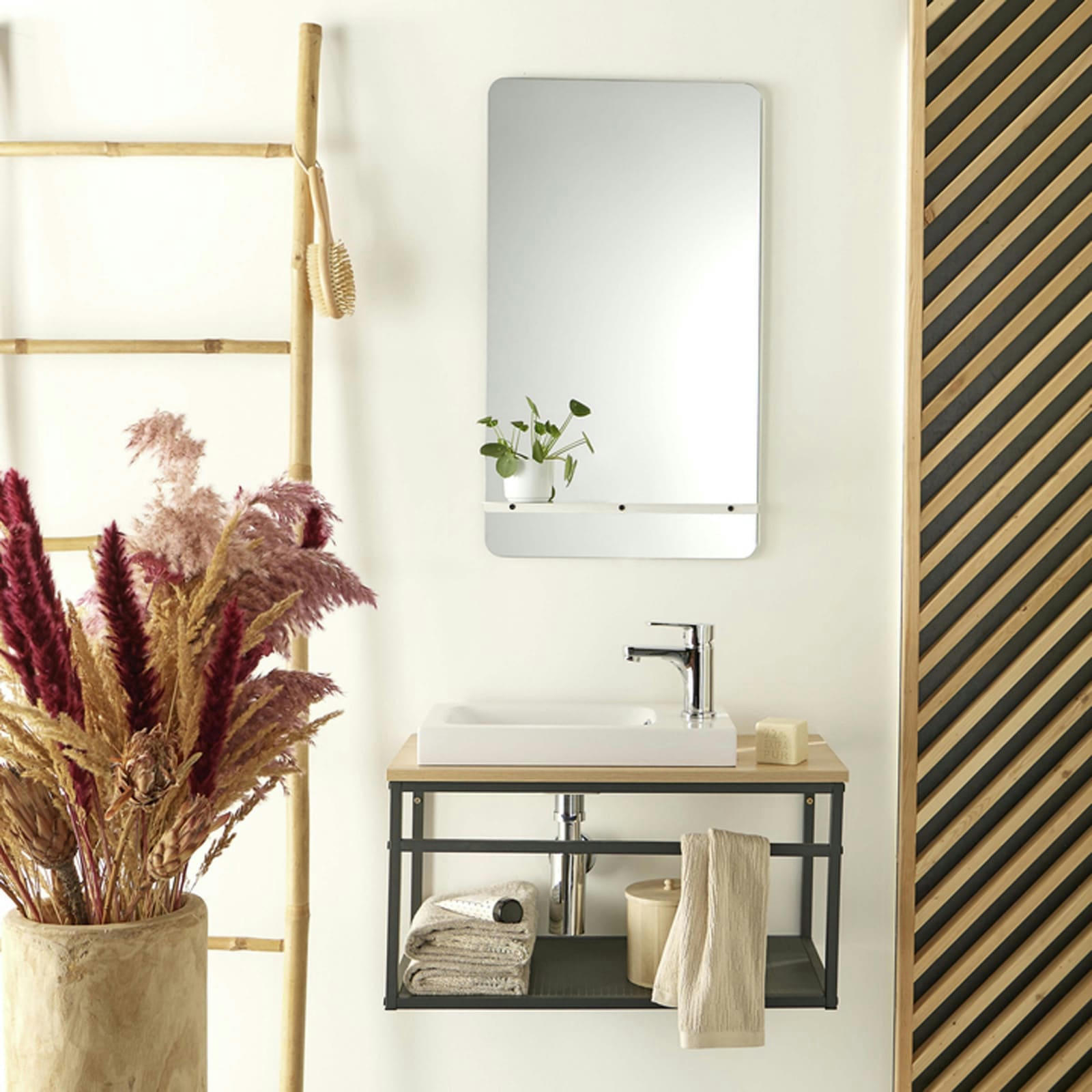 WILO - Meuble lave-mains  vasque blanche + robinet chromé + miroir
