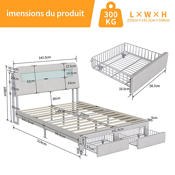 Lit double 140x200 cm, tiroirs, tête de lit LED, USB, cadre métal, Velours, Beige