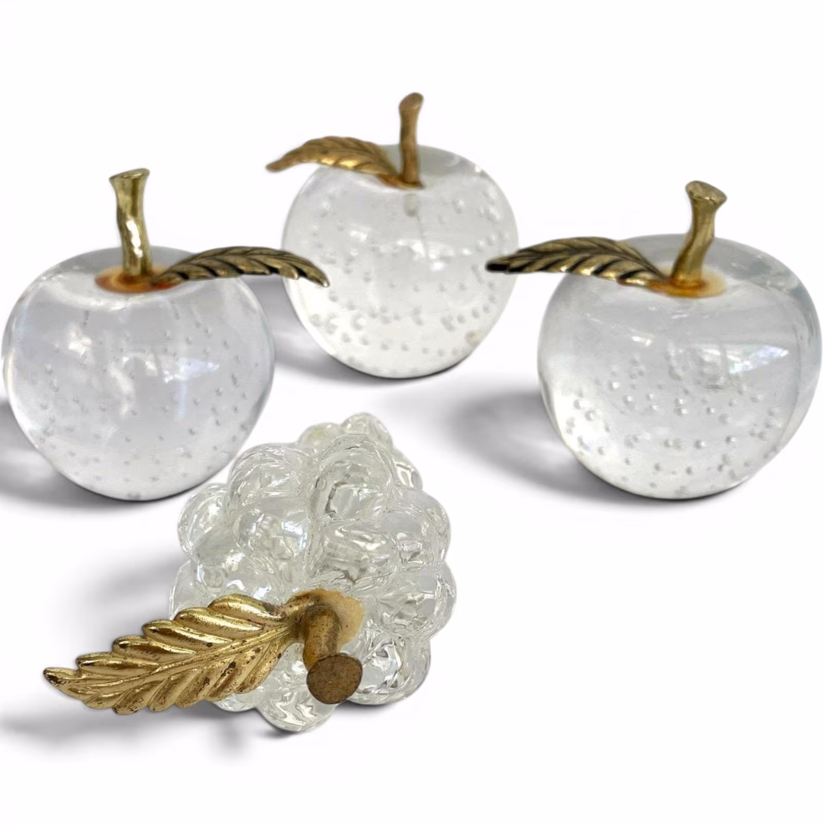 Vintage Clear Art Glass Fruit Paperweights Controlled Bubble Apple Grape Set 4