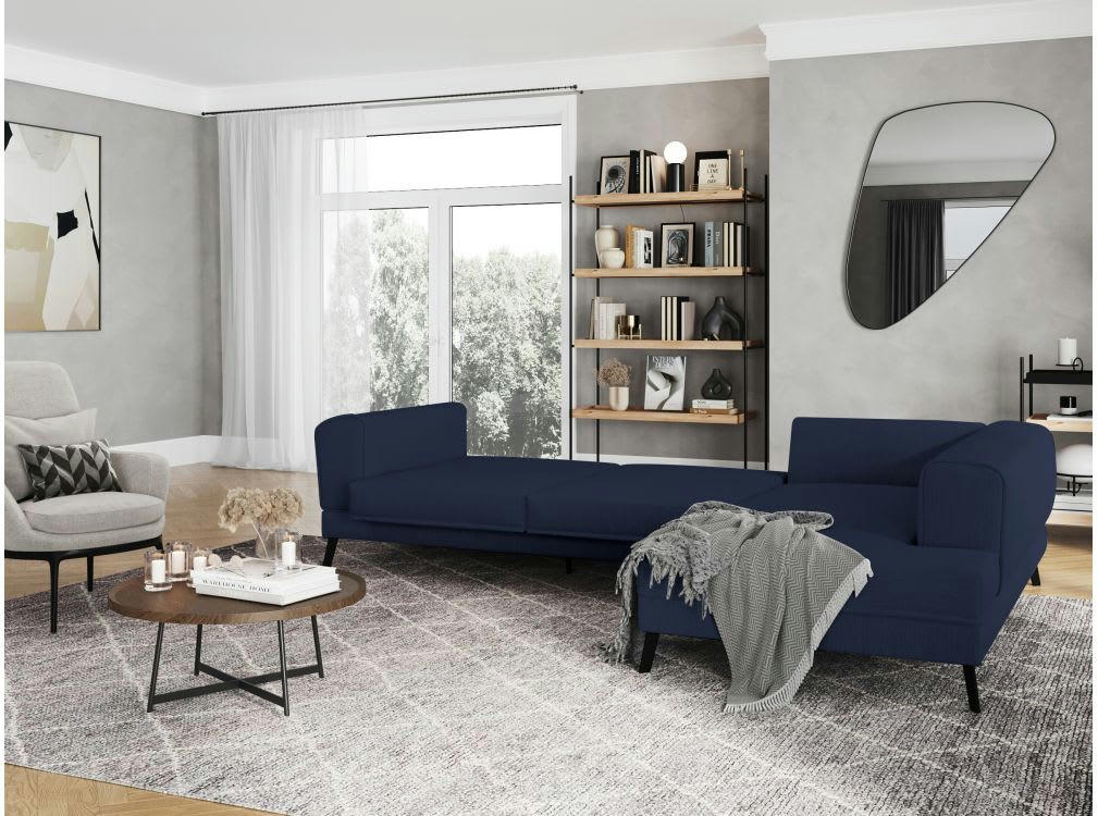 INDIA - Canapé d'angle droit convertible 2 coffres en tissu - Beige