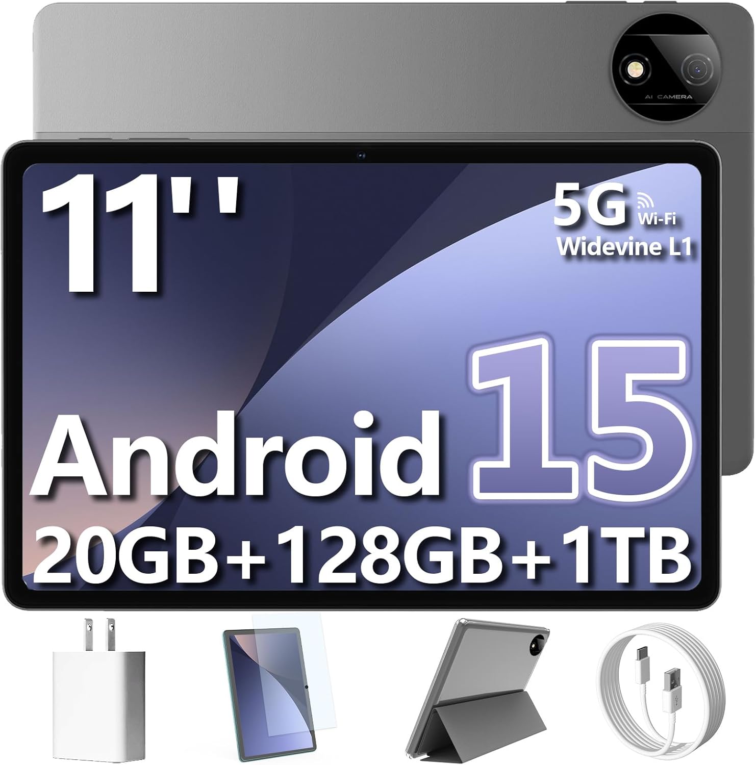 Tablet, 11-inch Android 15 tablets, 20GB+128GB+1TB expansion, Octa-core, 8000mAh large-capacity battery, 5G/2.4G WiFi6, GPS, Bluetooth 5.0, 5MP + 8MP dual cameras, Widevine L1, protective case - Black