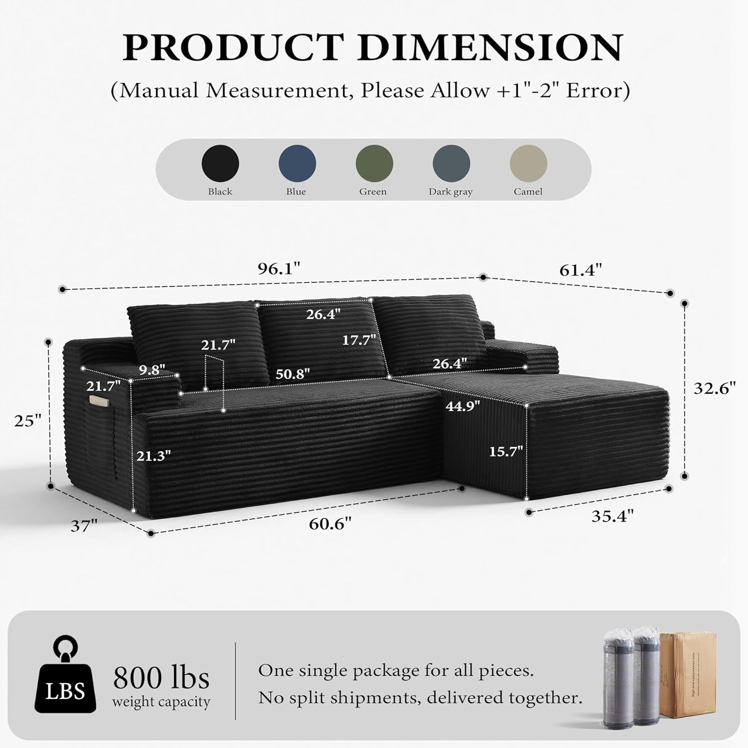 96 Sectional Couches for Living Room Cloud Couch Sofa with L-Shape Upholstered Boneless Couchs Modern Modular Sectional Couch with Chaise (Black, 96 W+Right Facing Chaise+2Seaters)