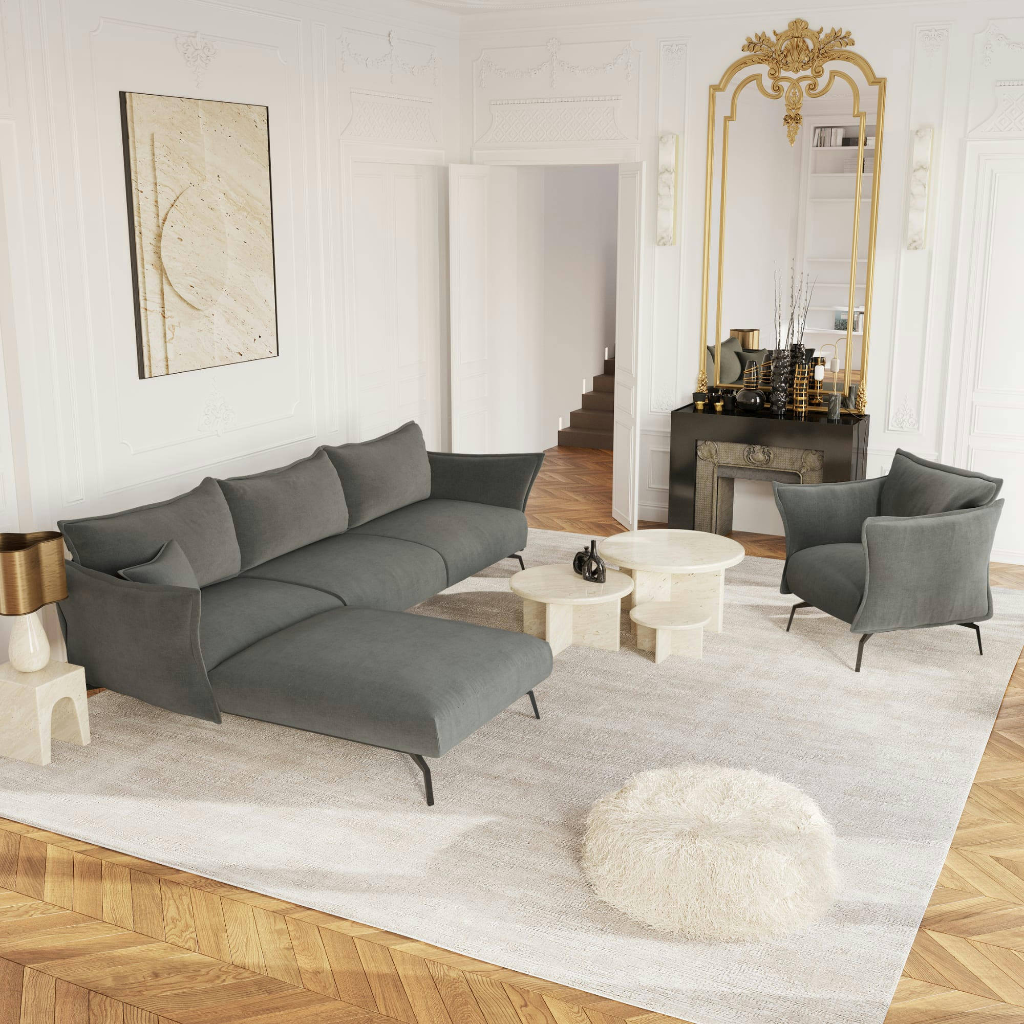 LENNY - Canapé d'angle gauche velours gris graphite