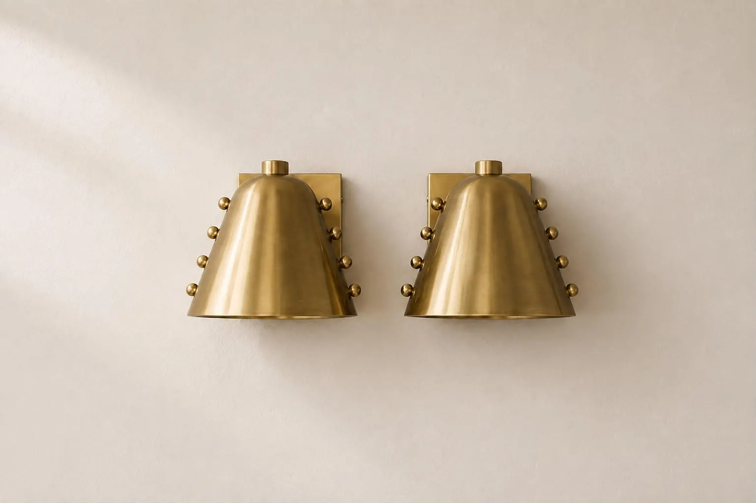 Set of 2 55000 Handcrafted Brass Cone Wall Sconce, Mid-Century Italian Style Lighting