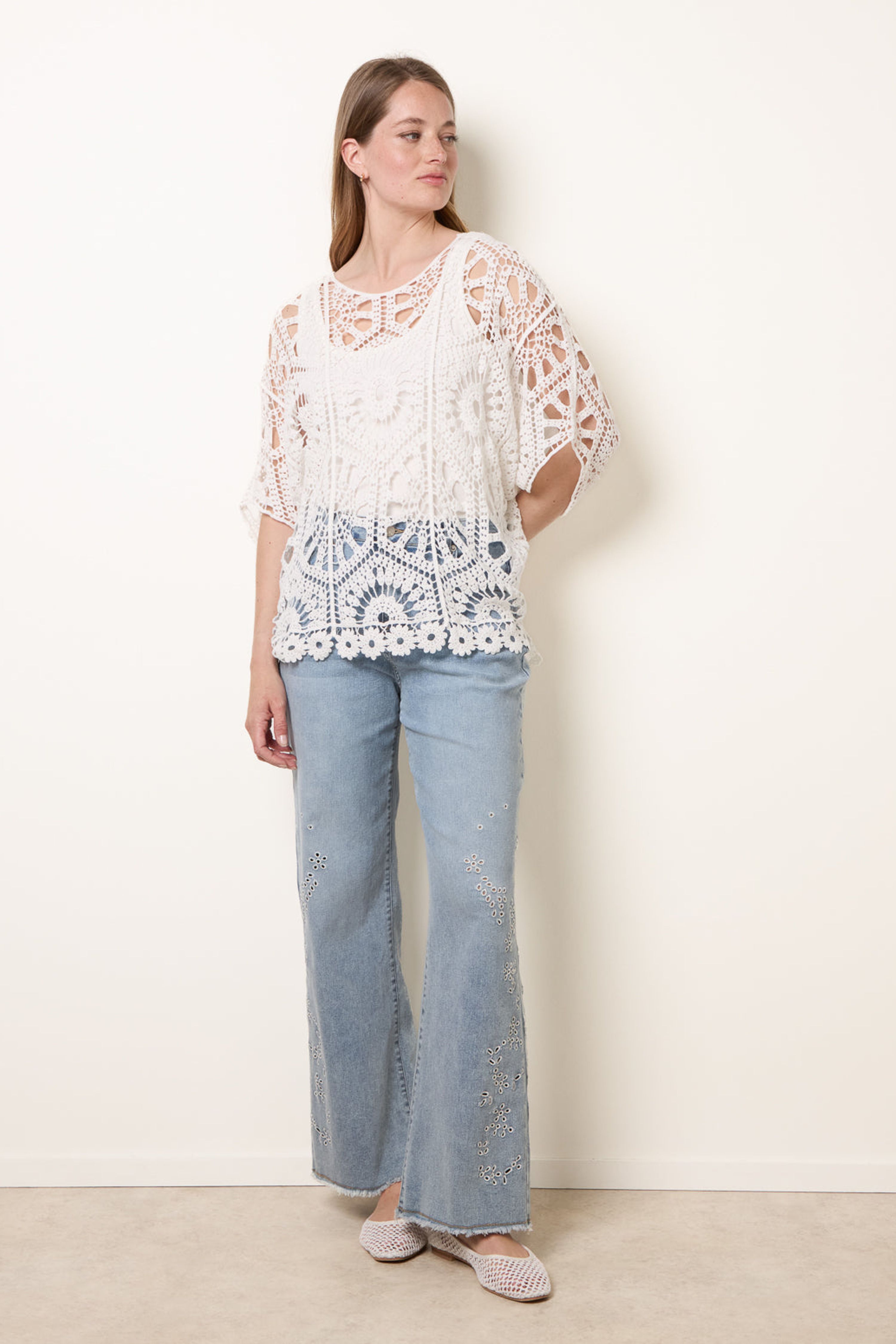 Blue Vanilla White Crochet Detailed Kimono Top