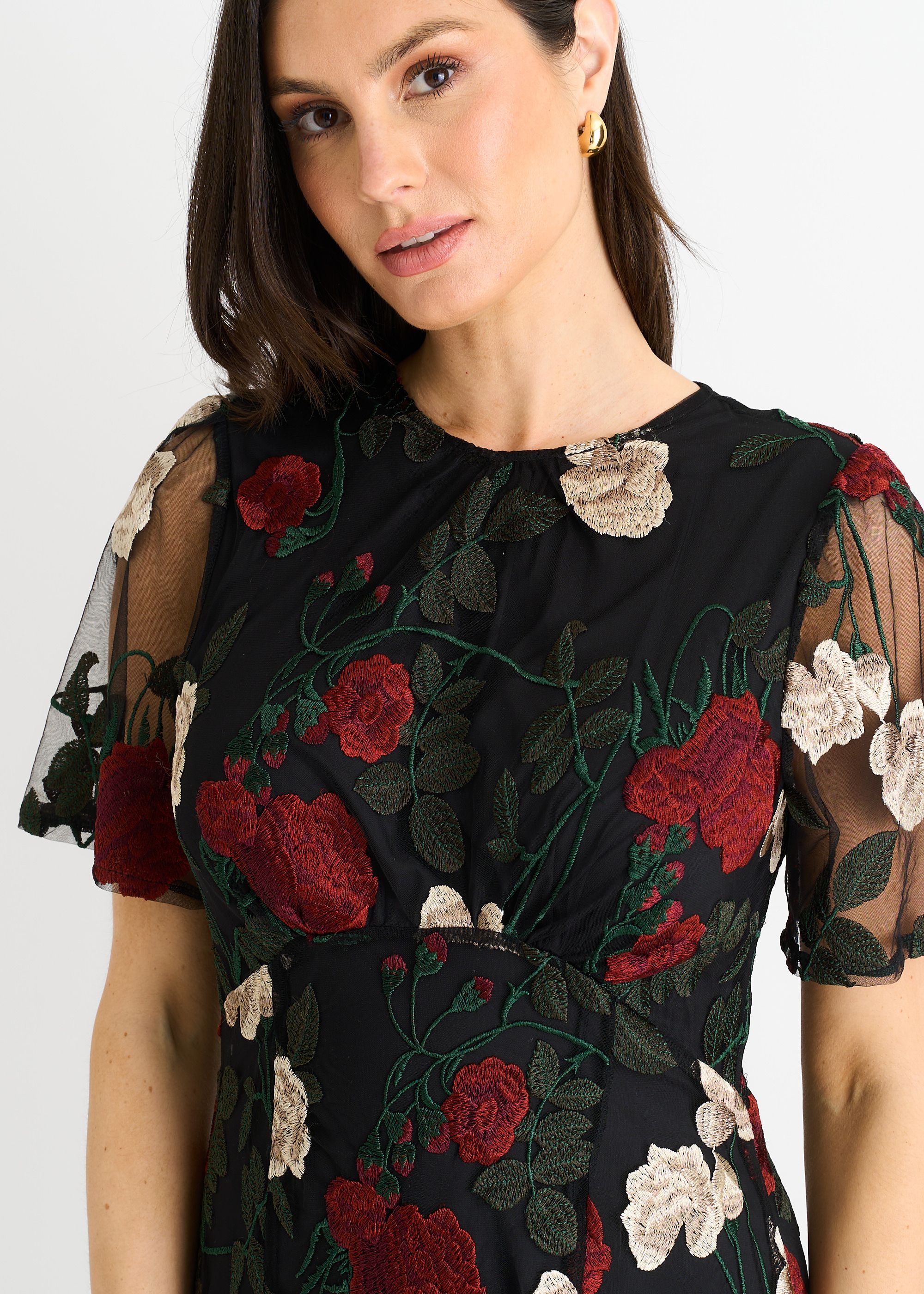 Gini London Black Angel Sleeves Embroidered Occasion Midi Dress