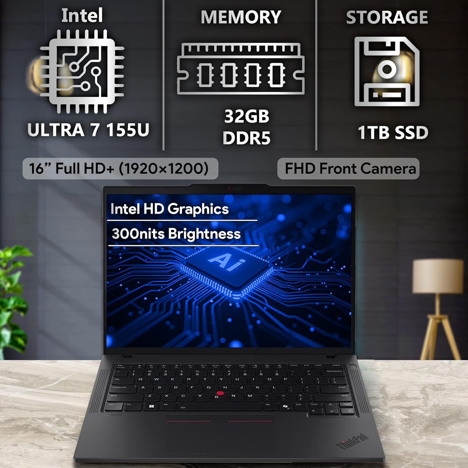 Lenovo ThinkPad T14 Gen 5 AI Business Laptop  14 FHD+ Display  Intel Ultra 7 155U  32GB DDR5 RAM  1TB SSD PCIe  Fingerprint  Backlit Keyboard  WiFi 6E + BT  RJ-45  HD Webcam  Win 11 Pro - Black