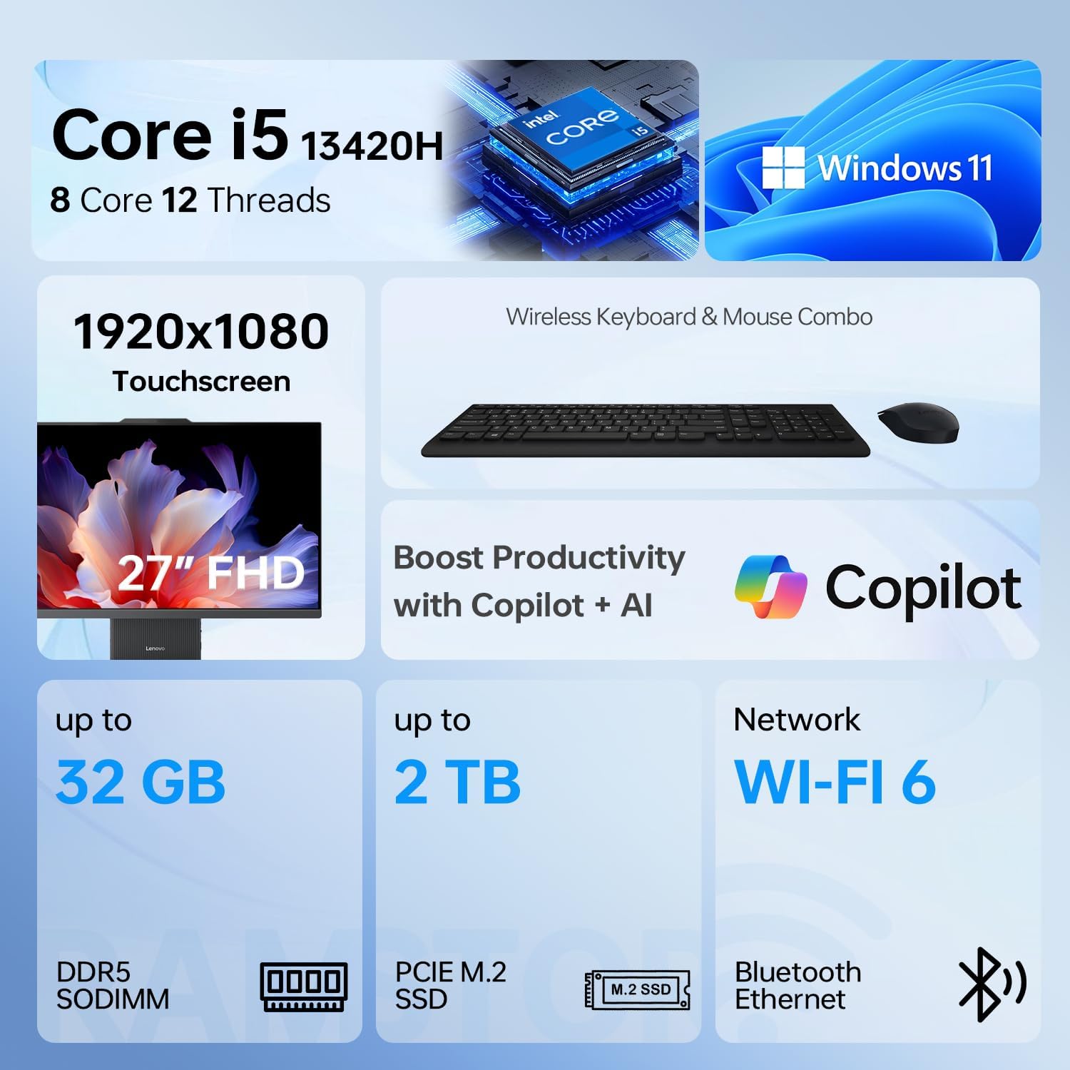 Lenovo IdeaCentre I Pro Business All-in-One  Next Gen AI  27 FHD Touchscreen 100Hz  i5-13420H  16GB DDR5 RAM  1TB SSD  Wi-Fi 6  Webcam  Wireless KB &M  Bundle with ADATA 64GB USB Flash Drive