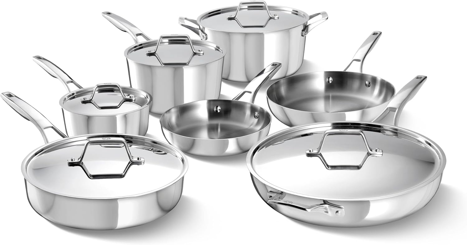 Calphalon Premier Polished 5-Ply Stainless Steel Cookware Set w/Turbo Heat Tech 12 Piece Includes Frying Pans, Pots and Pans Set, Induction, Oven Safe 500F, PFOA Free, Polished Stainless Silver