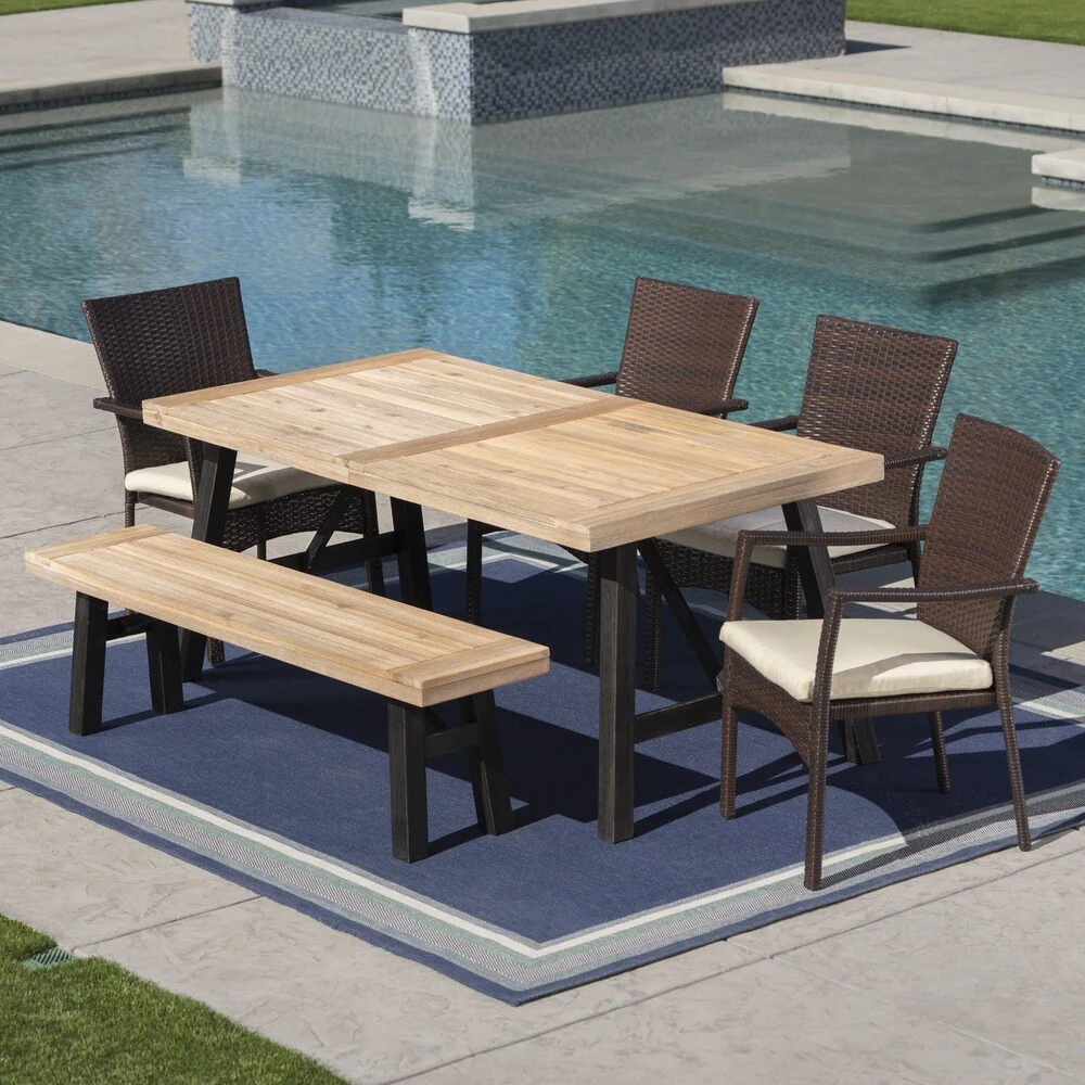 Horton Outdoor 6-Piece Rectangle Wicker Wood Dining Set with Cushions by Christopher Knight Home
