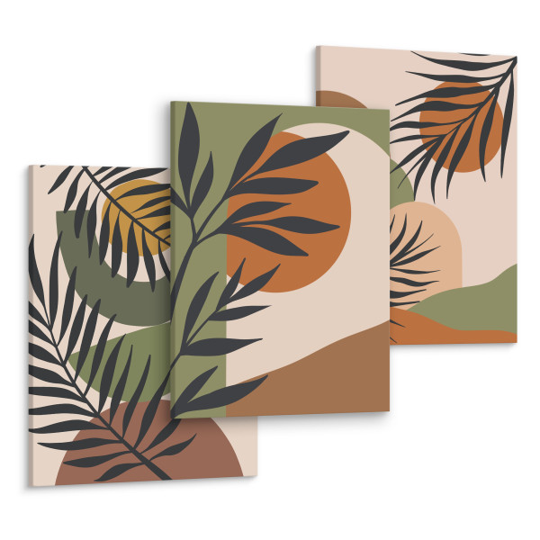 OBRAZY SET ABSTRAKCJA LIŚCIE PALMOWE NATURA BOHO 90x40cm