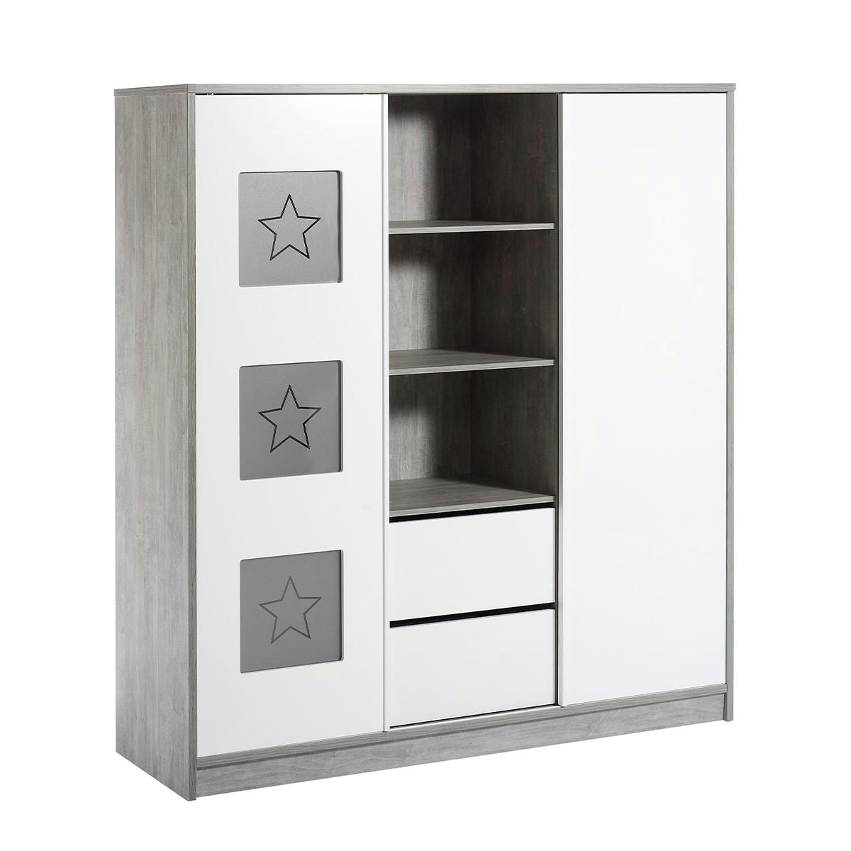 ABBY - Armoire enfant avec etagère centrale gris et blanc