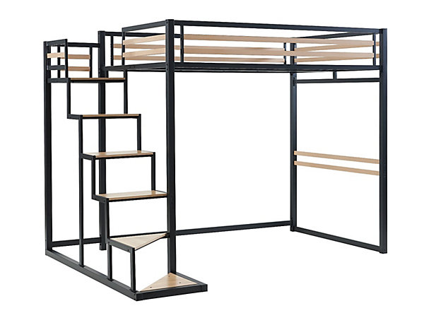 Lit mezzanine 140 x 200 cm - Métal et MDF - Noir et naturel   Matelas - JOGUI
