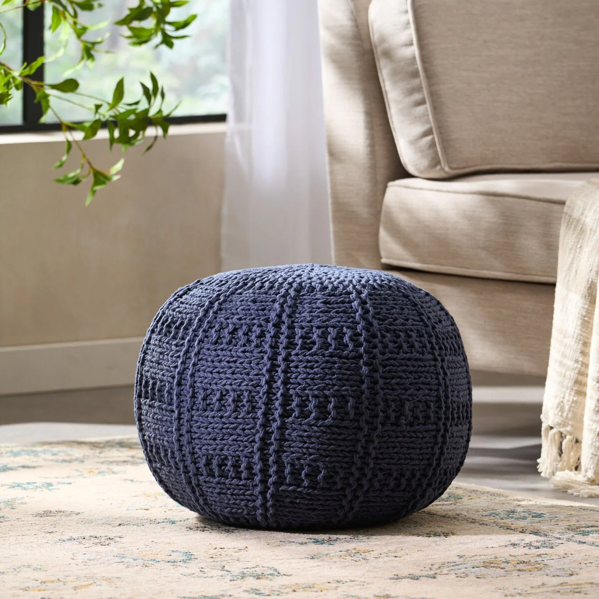 Oaks Aura Knitted Wool Cotton 20 x 20 Round Pouf, Modern Farmhouse Handcrafted Design Ottoman