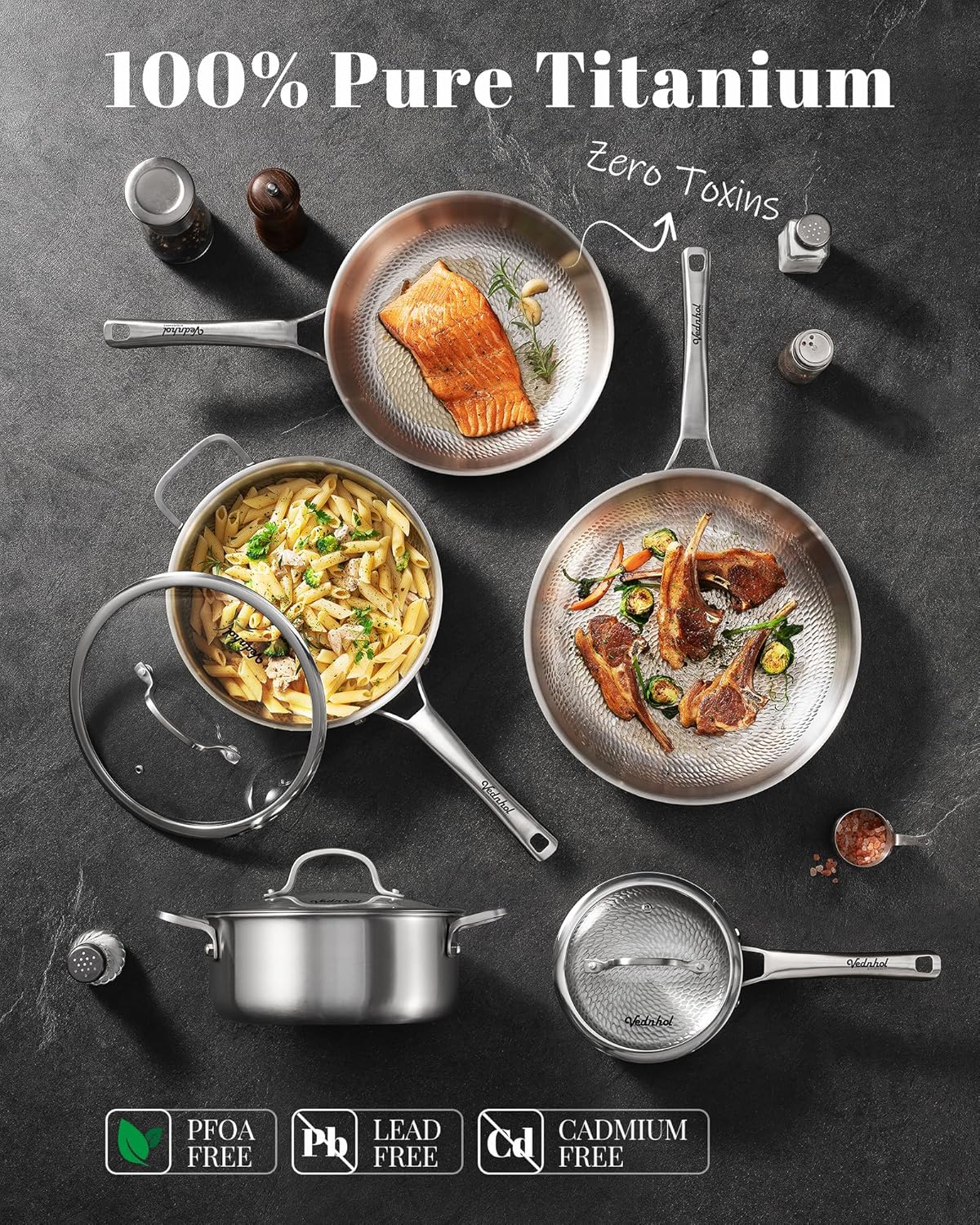 Titanium Pans set, 8 Pcs Pure Titanium Hammered Pro with Lids, Non Stick Skillet for Cooking, Non-Toxic, PFAS/PFOA/PTFE Free Cookware, Dishwasher&Oven Safe, Kitchen Induction Compatible