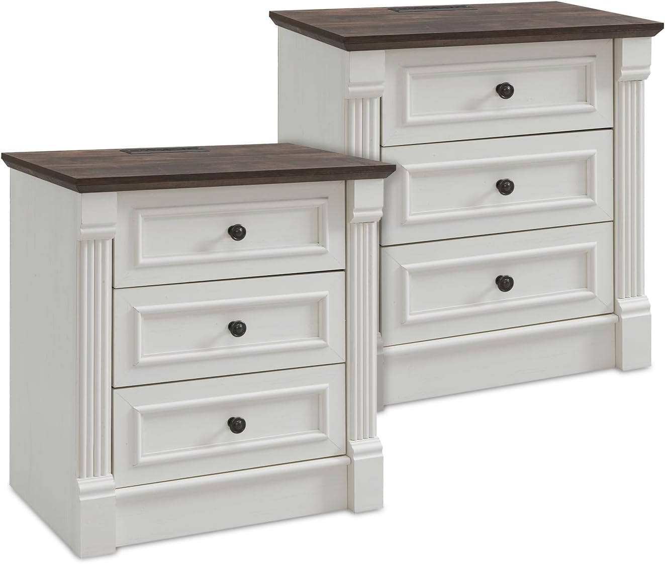 26 Tall Farmhouse Nightstand Set of 2, 3 Drawers End Table w/Charging Station, 23.6 Wide Large Side Table w/Roman Column, Wood Rustic Sofa Table for Bedroom, White