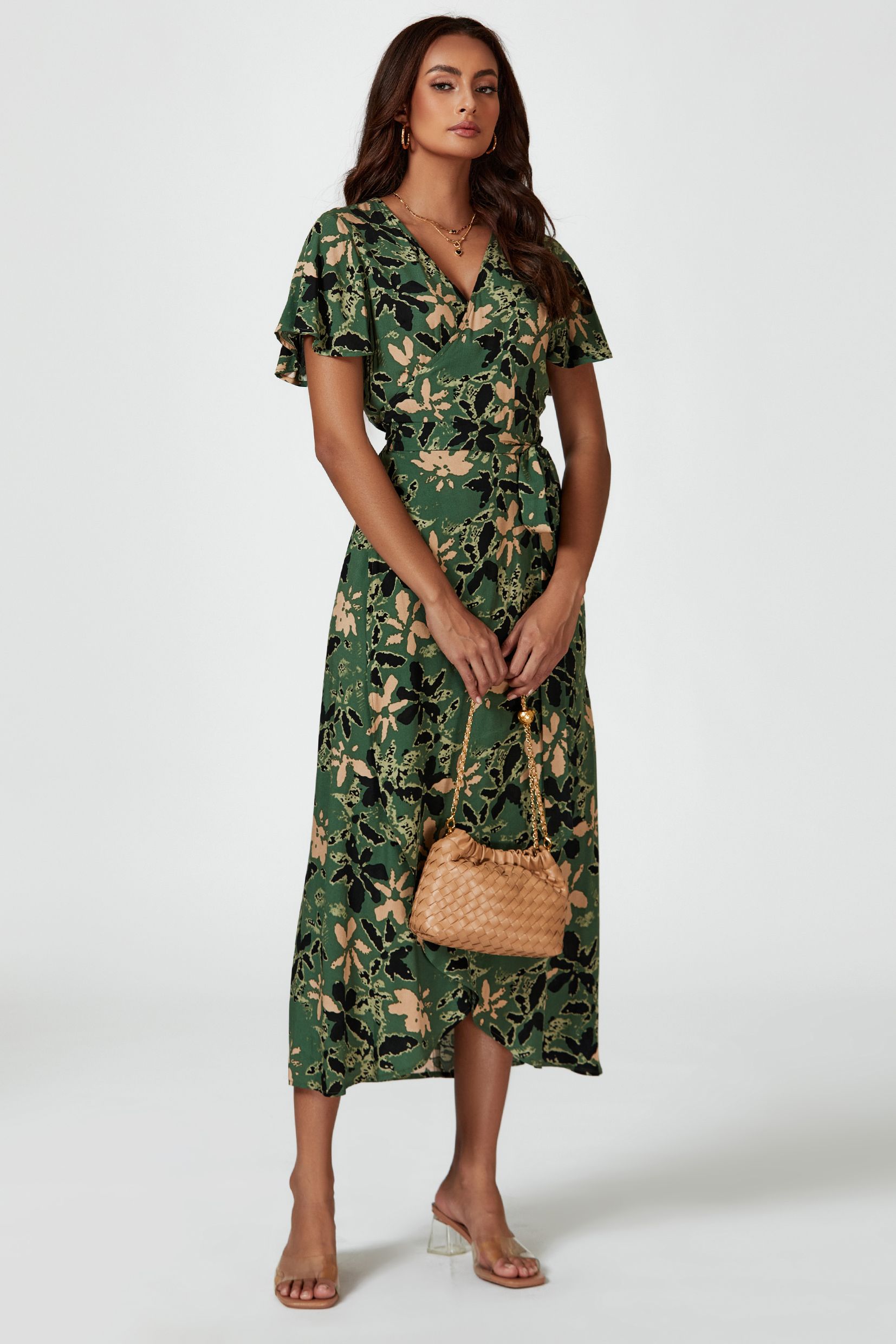 FS Collection Abstract Floral Wrap Maxi Dress In Olive