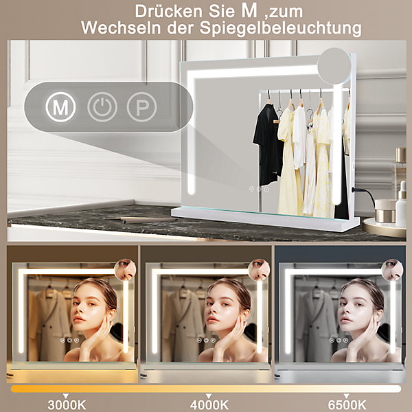 Miroir de maquillage NETTLIFE avec éclairage, 80 x 60 cm, miroir de coiffeuse avec lumière, LED tactile à intensité variable