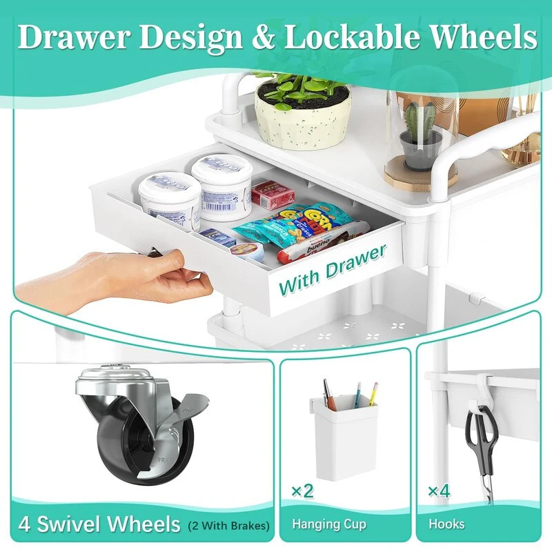 4 Tier Rolling Utility Cart with Drawer - 14.9D x 10.6W x 41.7H