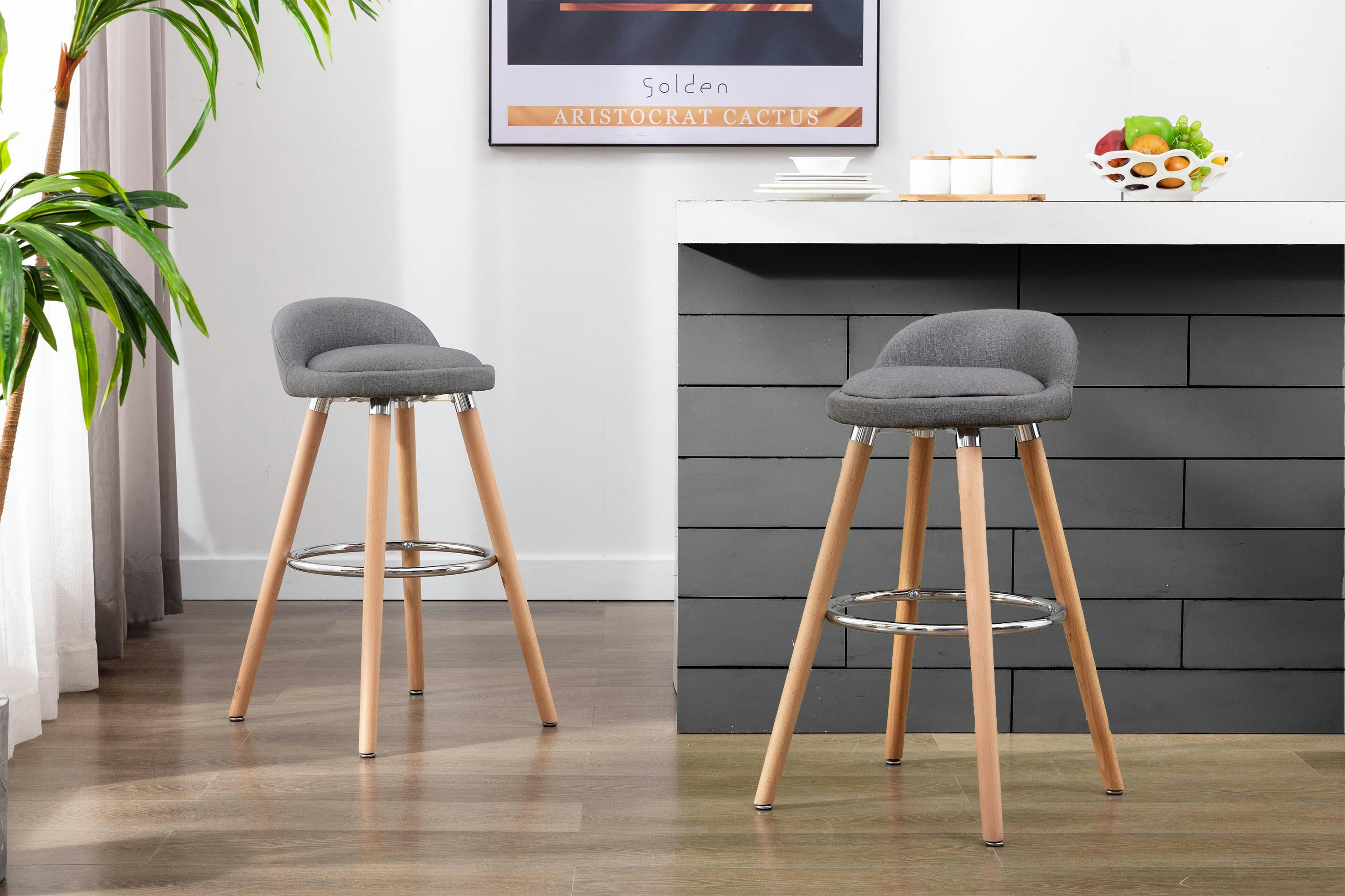 JENSEN - JENSEN - Tabouret de bar scandinave tissu gris pieds hêtre (x4)
