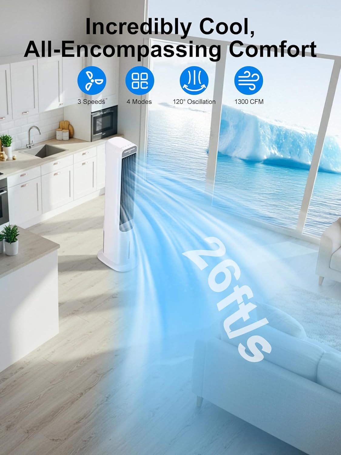 Uthfy 41 Swamp Cooler Air Conditioners, Cooling Fans that Blow Cold Air with 120° Oscillation, 4 Modes, 3 Speeds, 4 Ice Packs, 4L Removable Water Tank, Remote & Touch Control, White