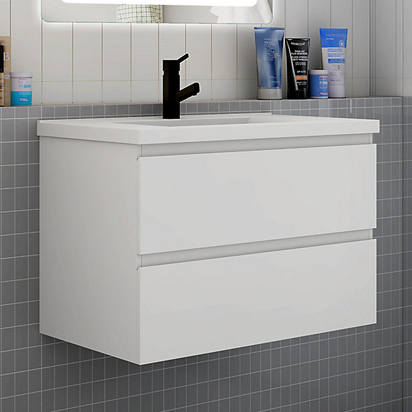 Ensemble meuble de salle de bain et lavabo blanc (L.80cm) 2 tiroirs   meuble haut   lavabo   miroir LED