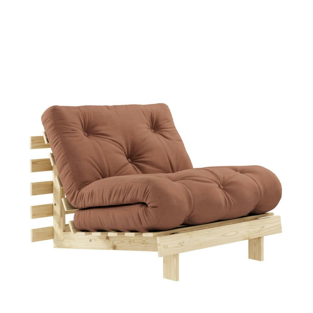 ROOTS - Fauteuil convertible 90x200cm en bois naturel et tissu marron argile