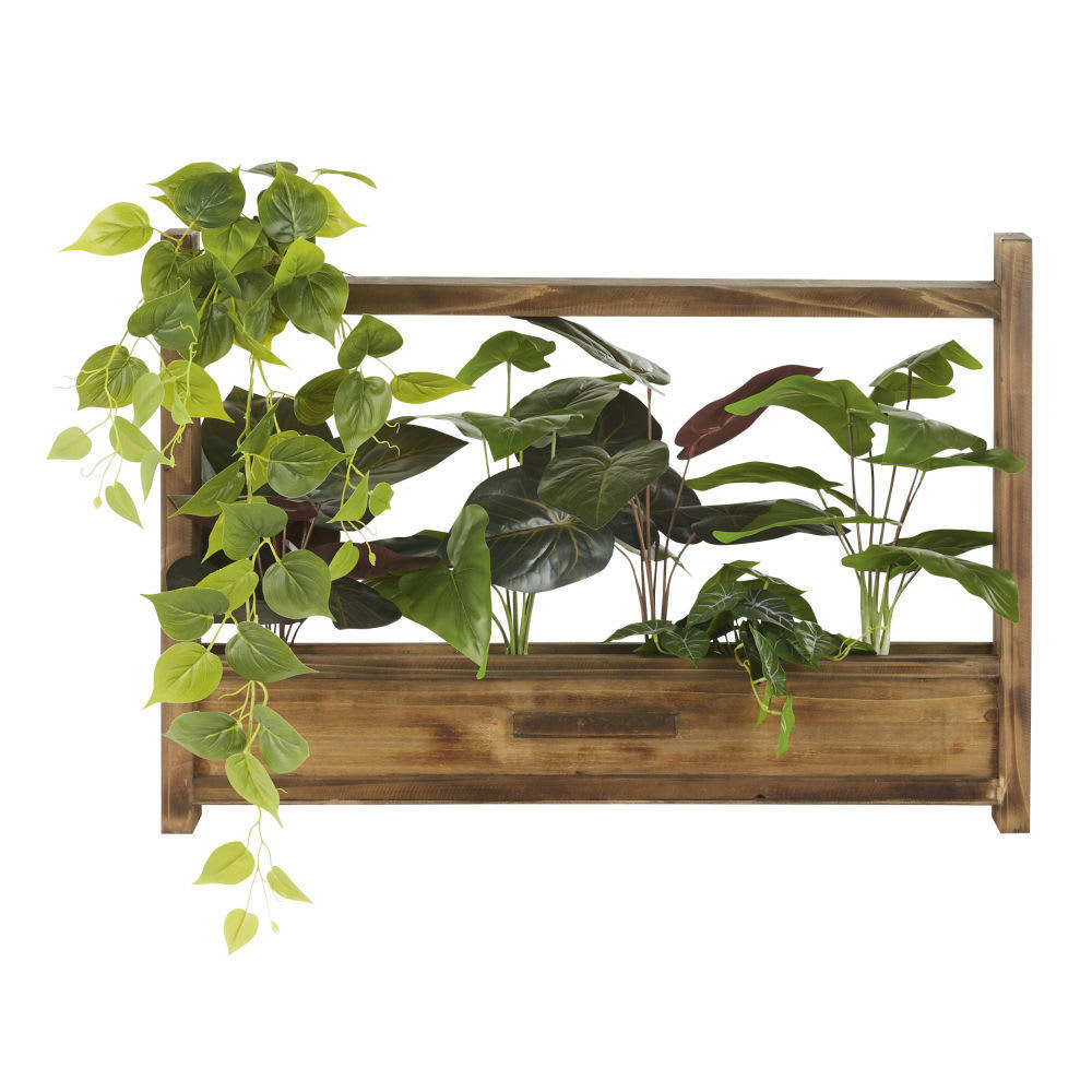 BOTTANY - Déco murale en bois de sapin et plantes artificielles vertes 81x62