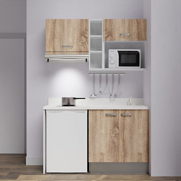 Kitchenette K13 - 140 cm - façades Bois - Plan monobloc en quartz coloris Snova évier à droite