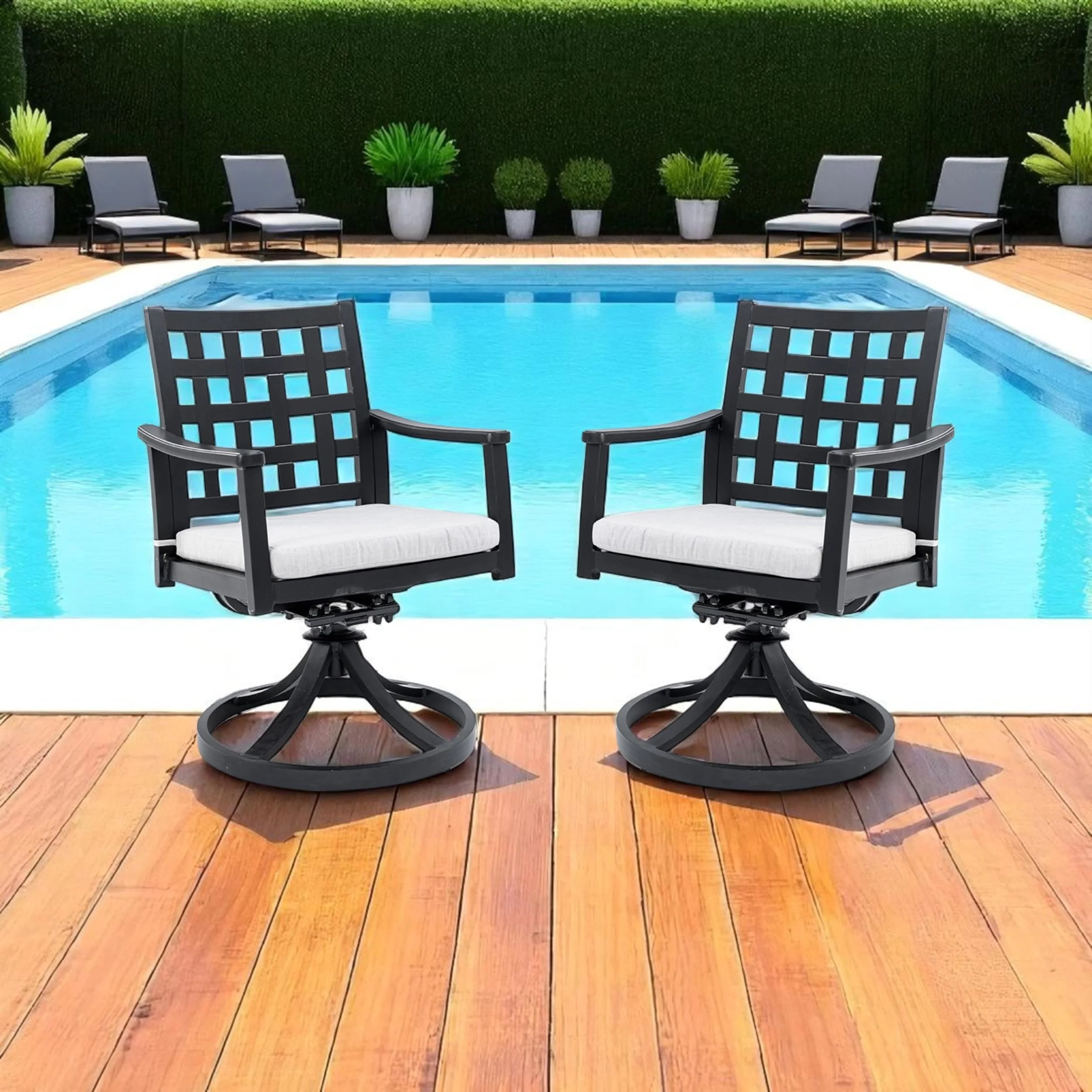 KISRAIS Modern Classic Outdoor Patio Cast Aluminum 2PCs Dining Swivel Rockers, Sunbrella Fabric Cushion