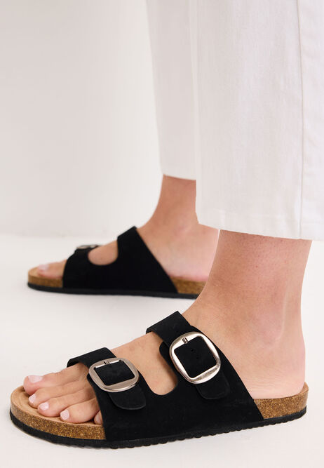 Womens Black Buckle Footbed Sandals