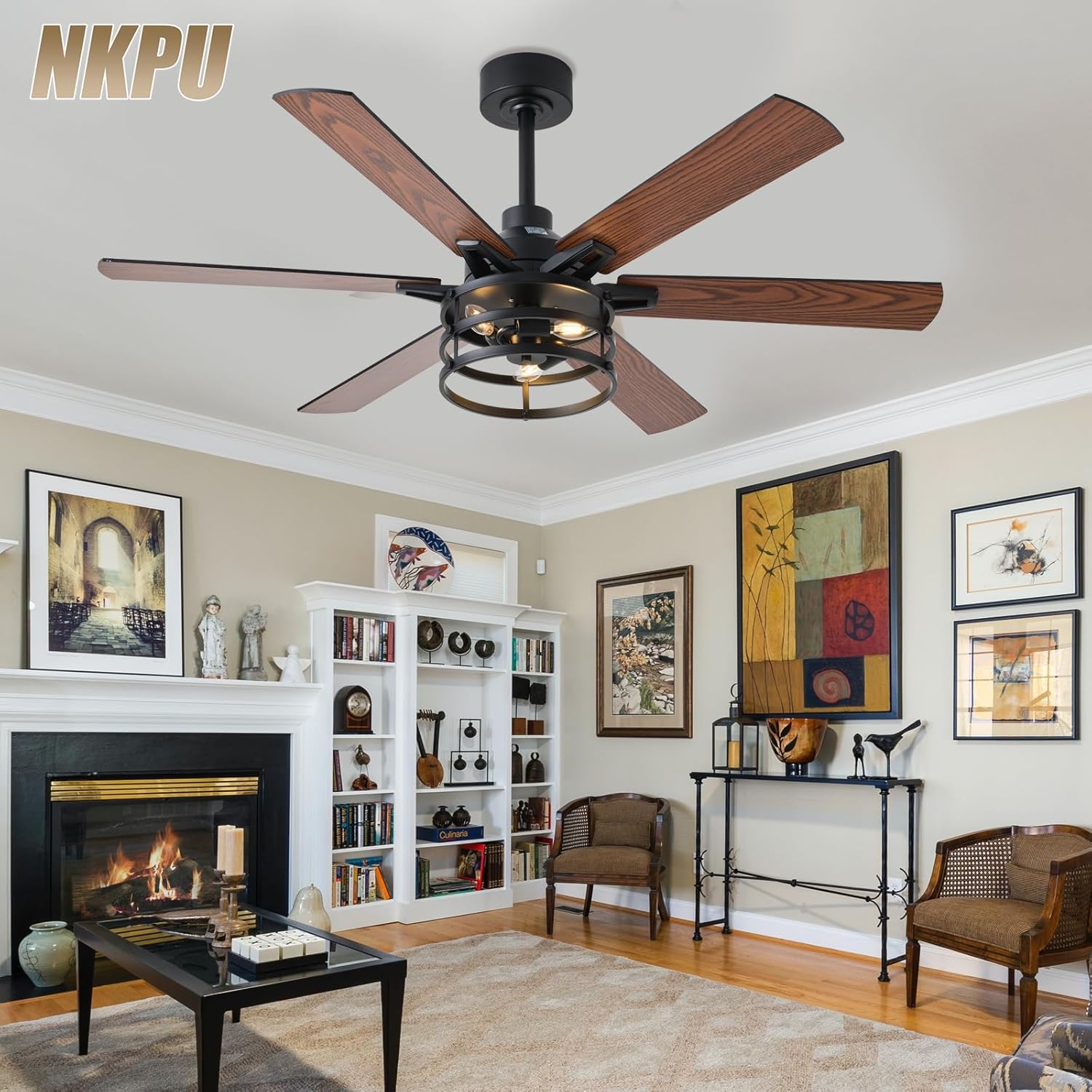 NKPU 52 Inch Farmhouse Ceiling Fan with Light and Remote, Brown Industrial Caged Rustic Ceiling Fan with 6 Speed Reversible Motor and Dual Finish 6 Blades, Rustic Ceiling Fan for Living