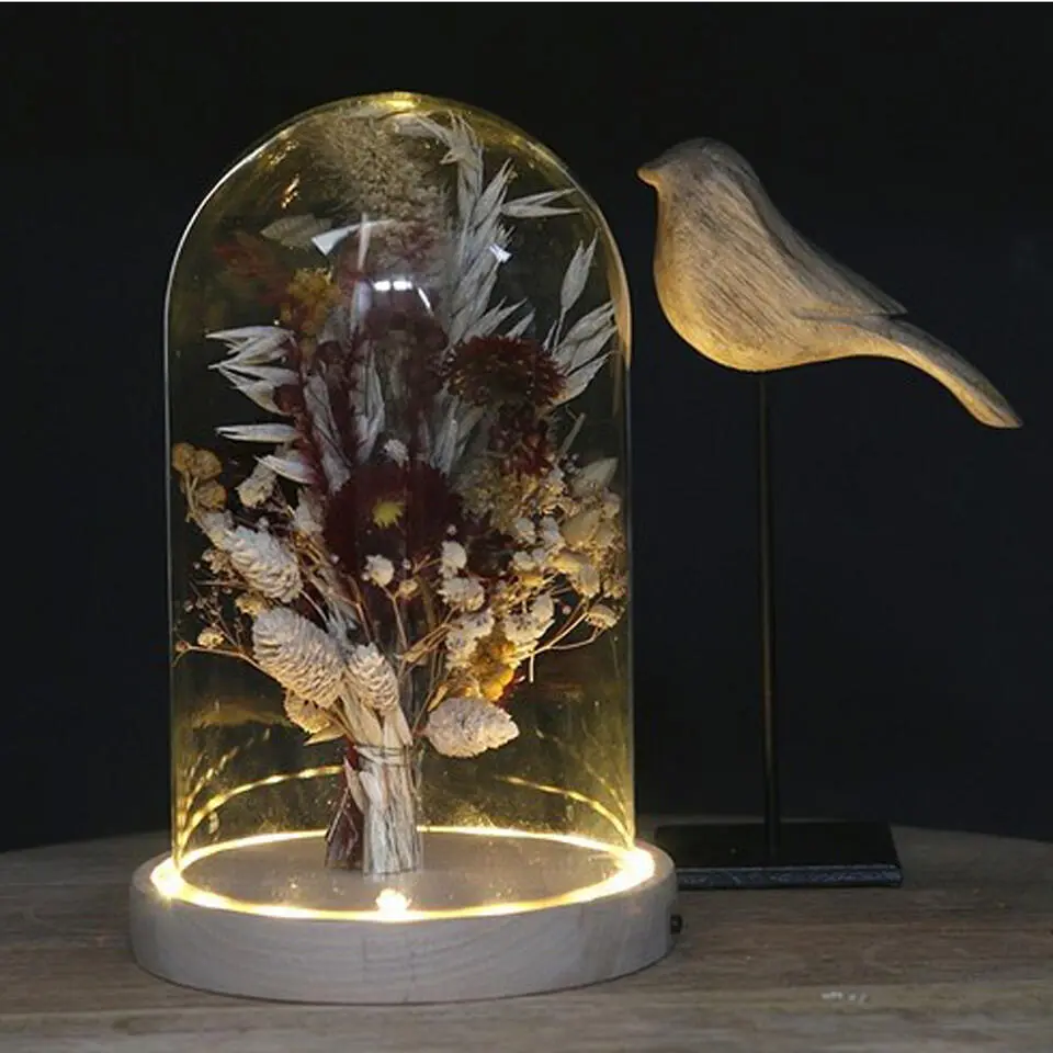 Ideas 4 Seasons Stolp - glas - houten plateau - LED - D17 x H25,5 cm