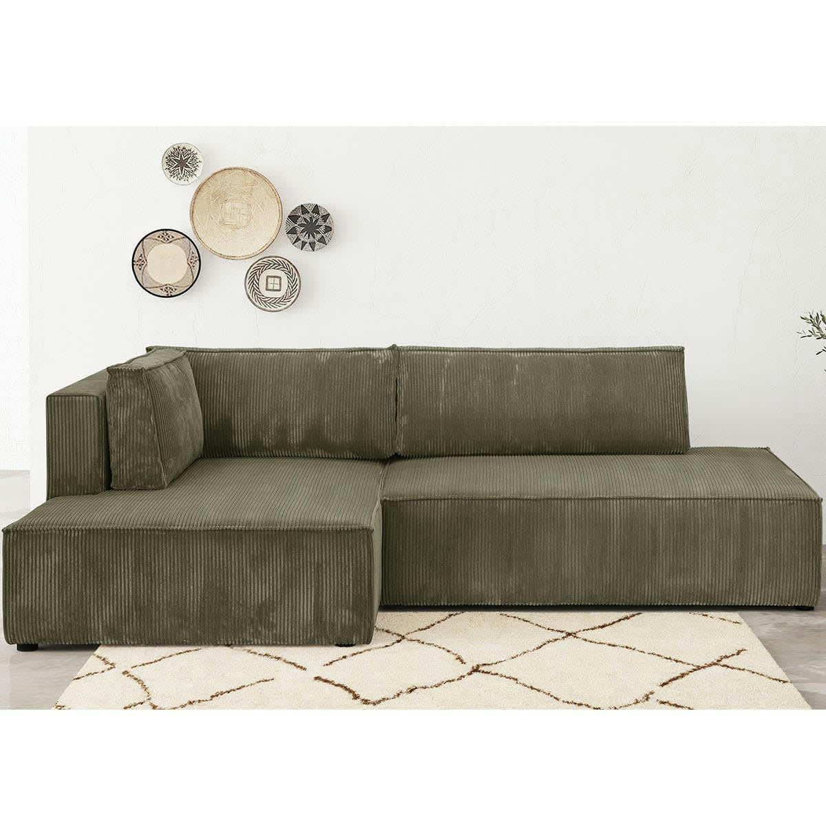 BARANI - Canapé d'angle à gauche convertible 3 places en velours côtelé vert