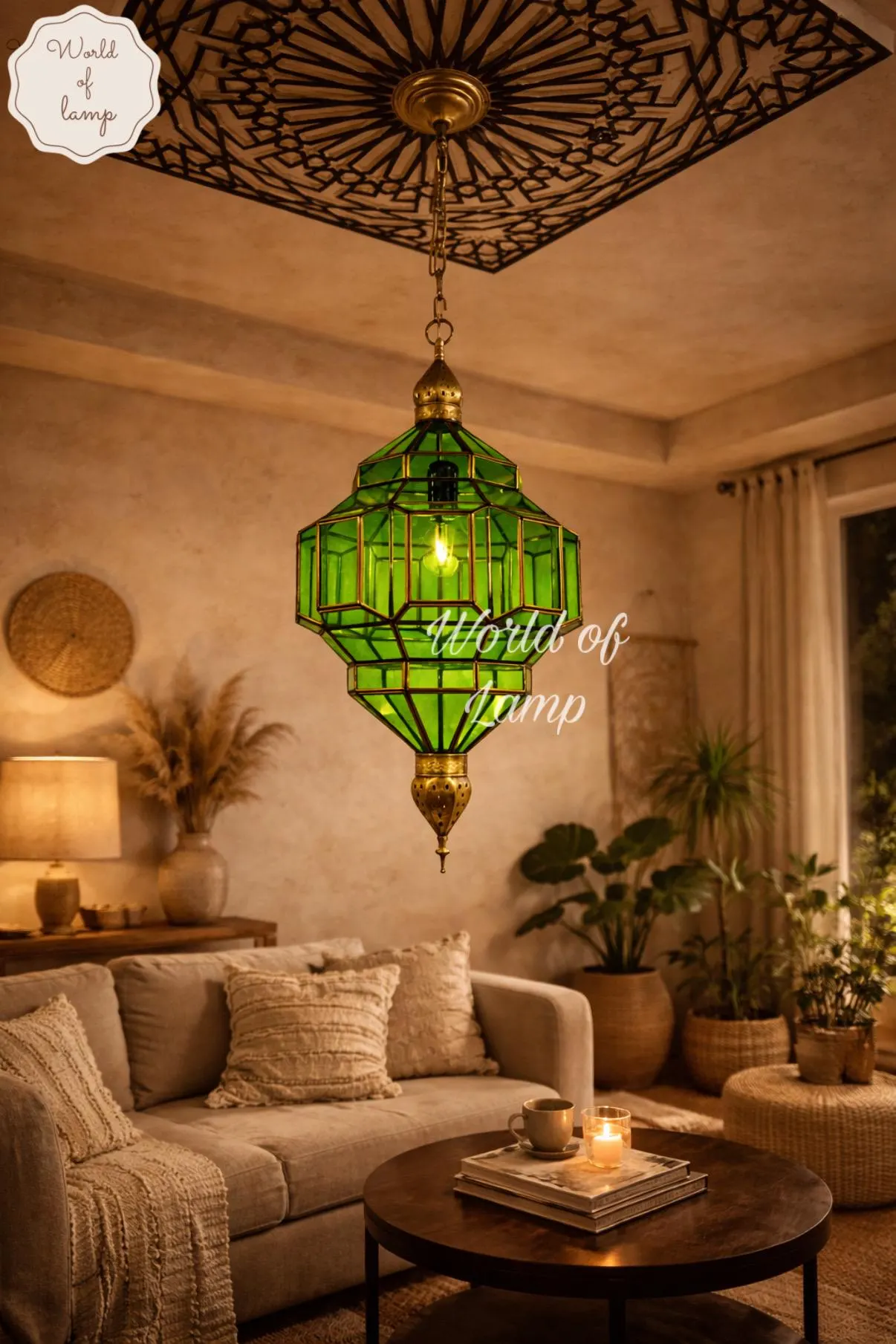 Handmade Moroccan Brass Pendant Light, Green Geometric Lantern, Artisan Marrakesh Lamp