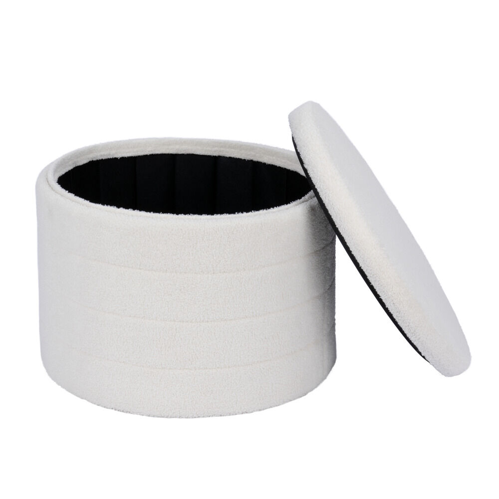 Pouf coffre de rangement rond blanc tissu bouclette Clara Ø56xH40cm