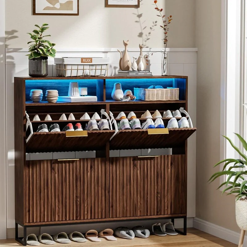 47.2 Inch Wide Slatted 4 Flip Drawers 1 Compartment Storage LED Light Shoe Cabinet