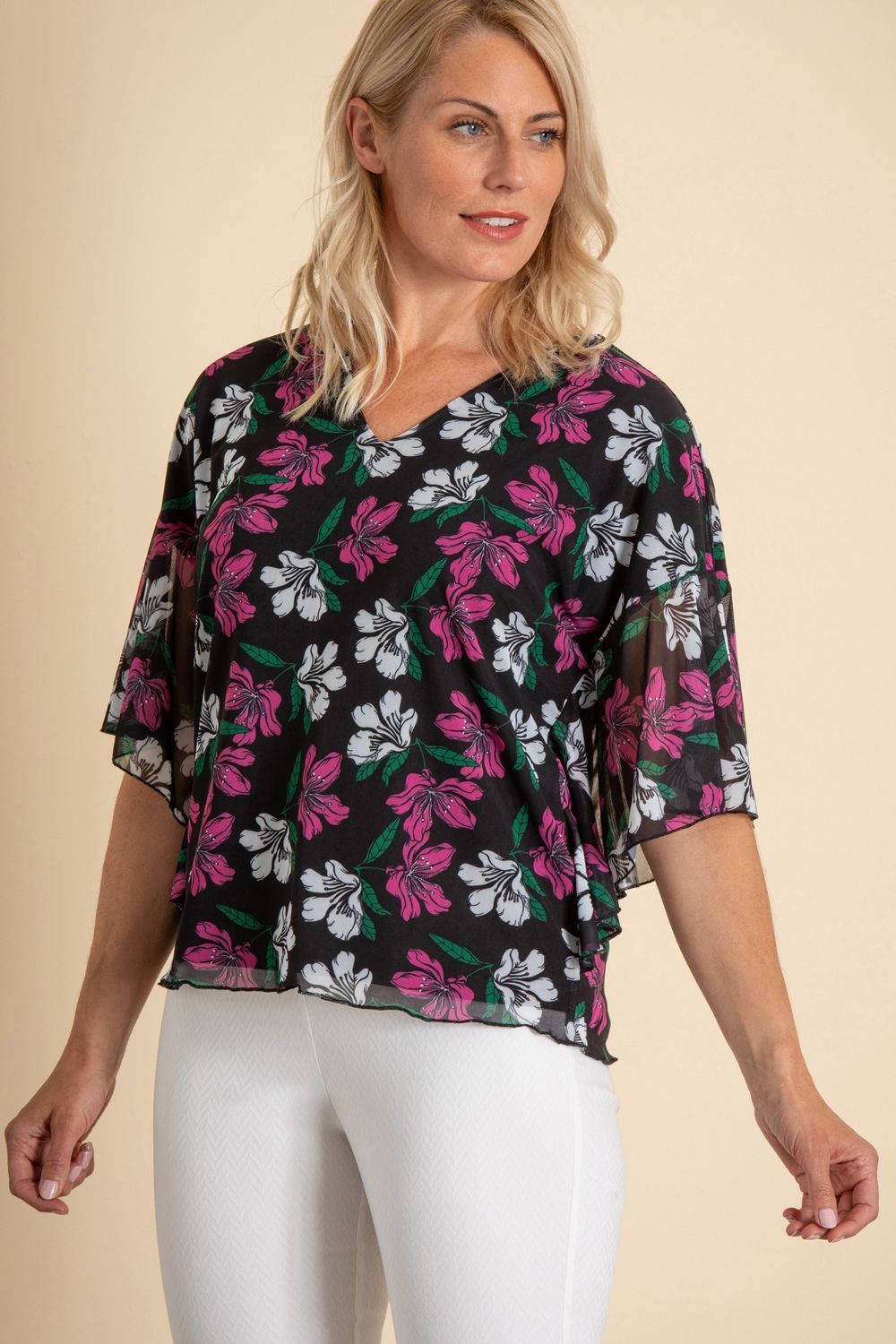 Klass. Floral Printed Angel Sleeve Mesh Top