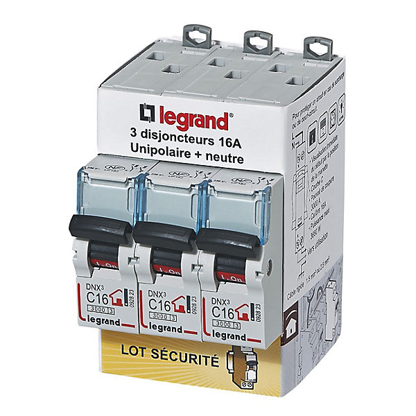 Disjoncteur DNX3 unipolaire   neutre 16A Legrand vendu par 3 pièces