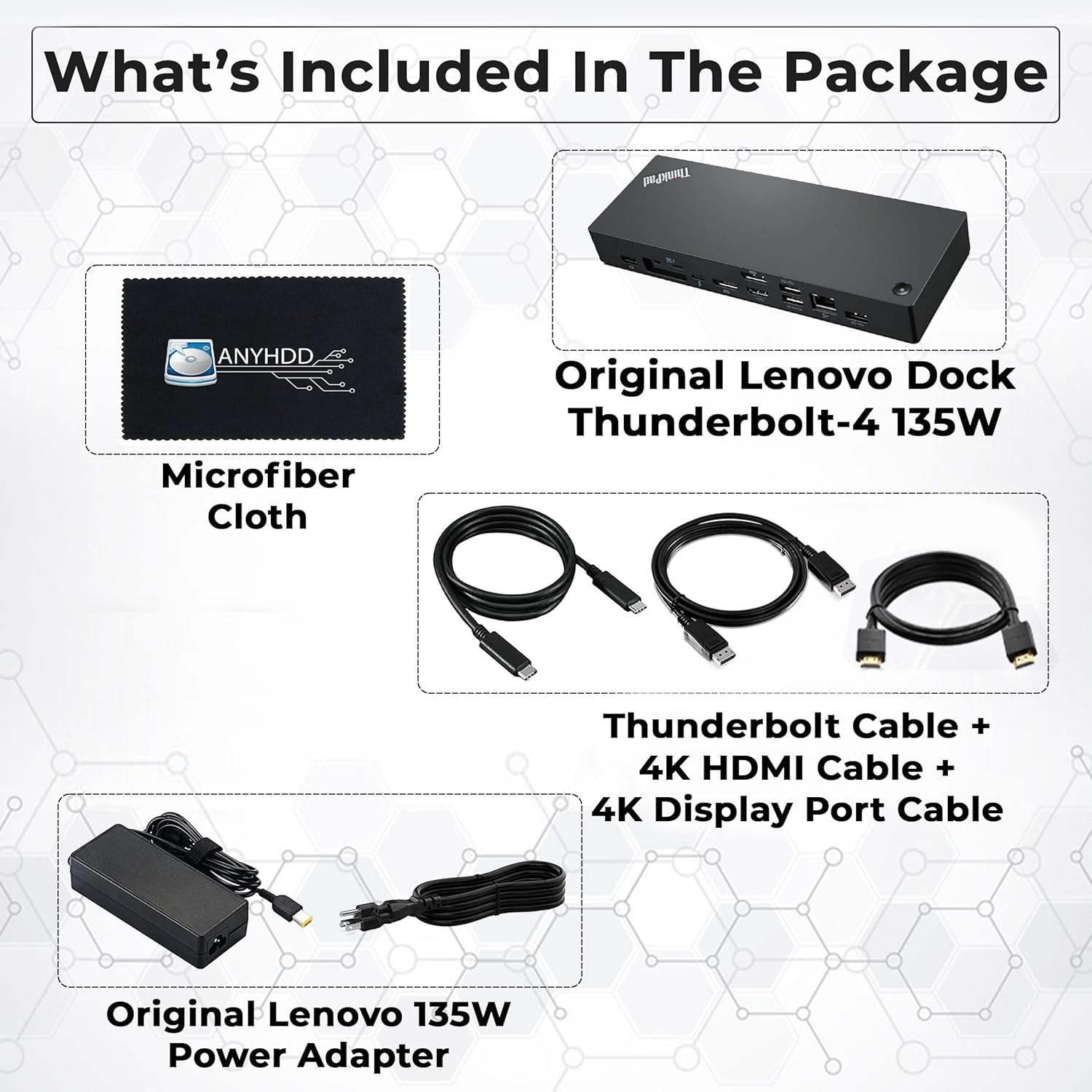 40B00135US Lenovo Thinkpad Docking Station USB C - 1 Year Warranty  Supports 4K Display  Thunderbolt 4 Dock with 135W Adapter  HDMI  DisplayPort  Thunderbolt Cables & Cloth - Lenovo Docking Station
