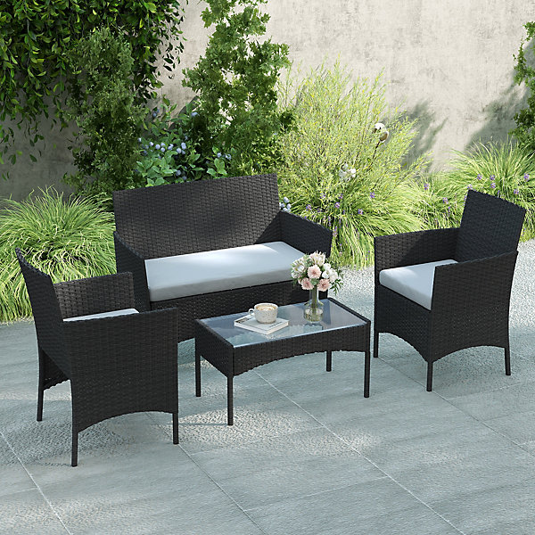 Ensemble salon de jardin 4 personnes 4 pièces résine tressée plateau verre trempé noir gris