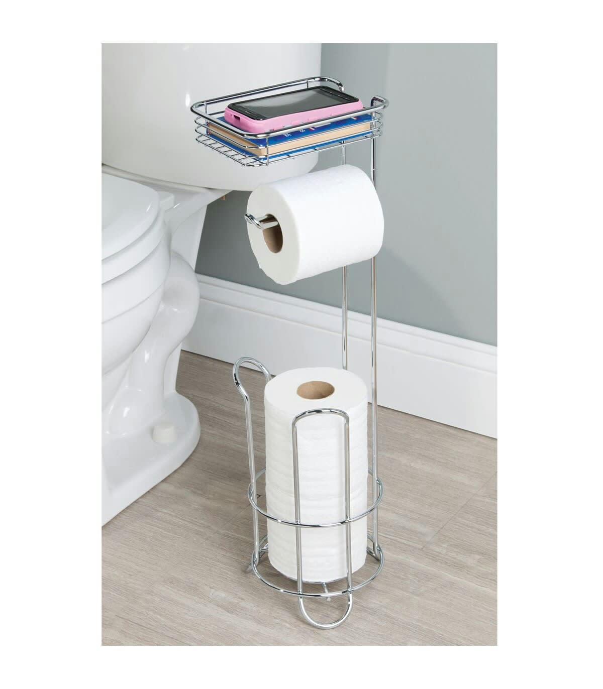 - Dérouleur et réserve à papier toilette avec petit panier - Argent