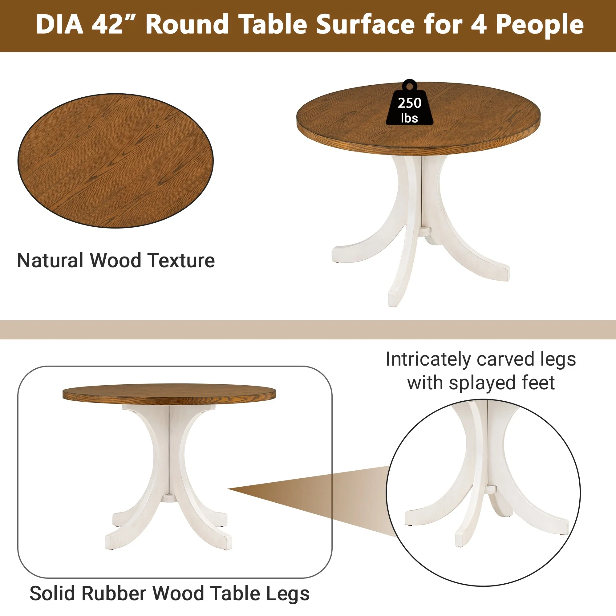 Roomfitters Mid-Century Solid Wood Round Dining Table for Small Spaces, Walnut