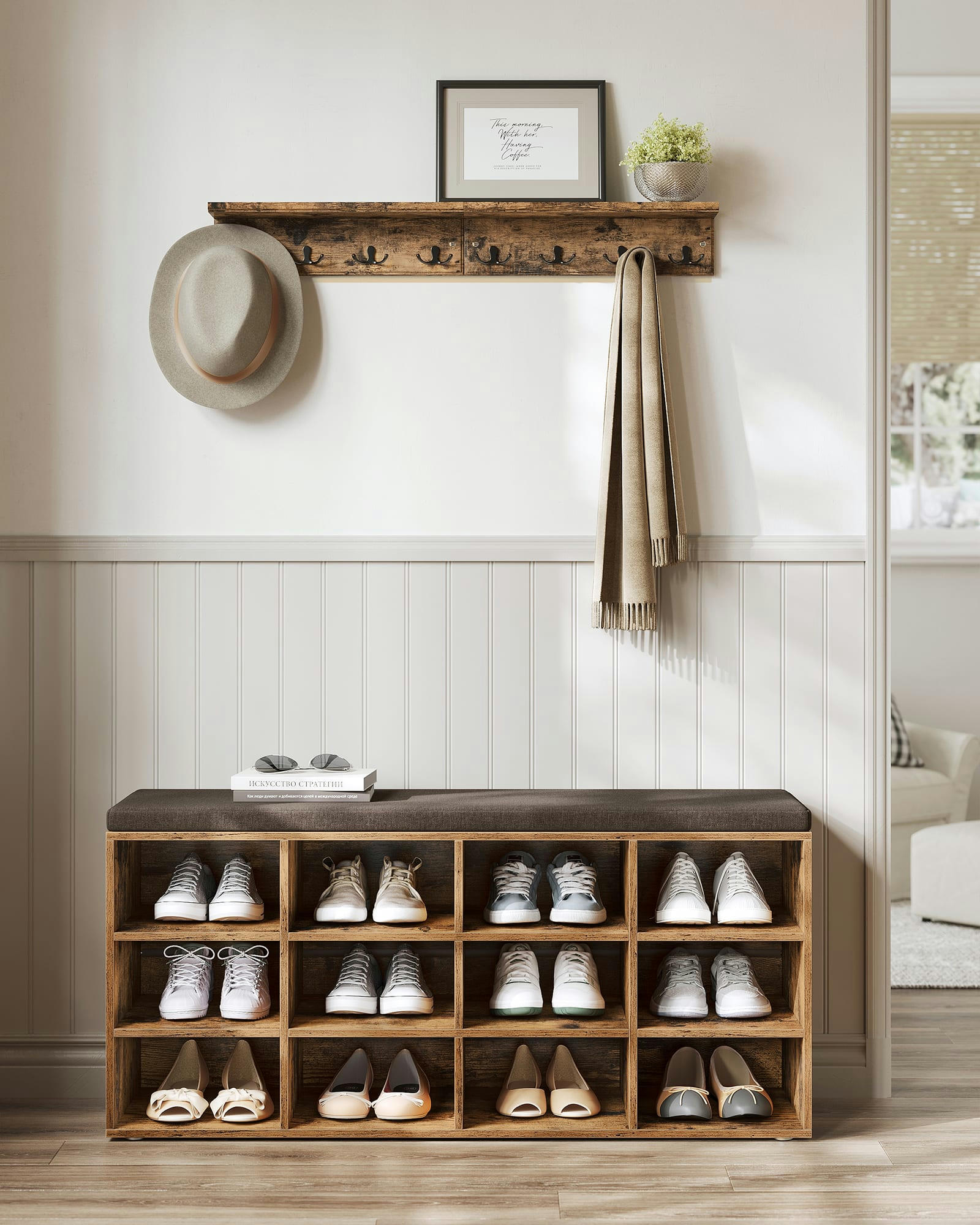 - Banc à chaussures 12 compartiments effet bois marron rustique